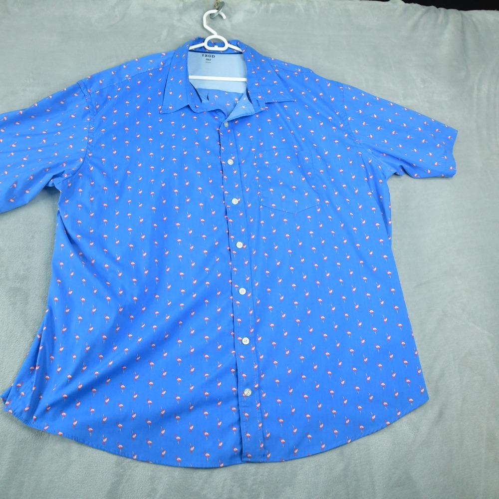 IZOD Mens 3XLT Blue Pink Flamingo Print Short Sleeve Button Down Shirt Big Tall